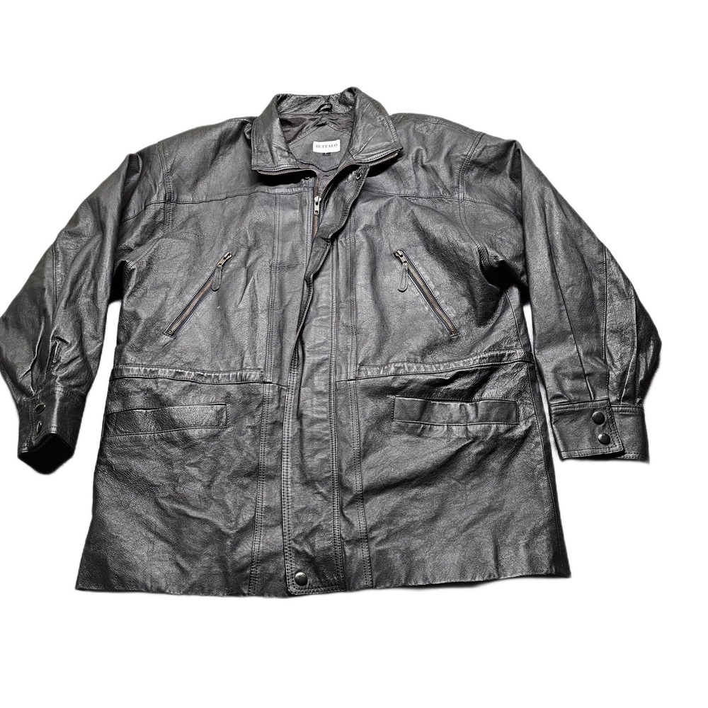 Louie Buffalo Genuine Leather‎ Jacket Mens L Black Long Sleeve Collared Full Zip